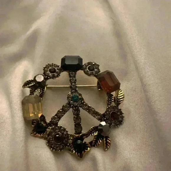 Peace Sign Multicolor Gemstone Brooch - Picture 2 of 4